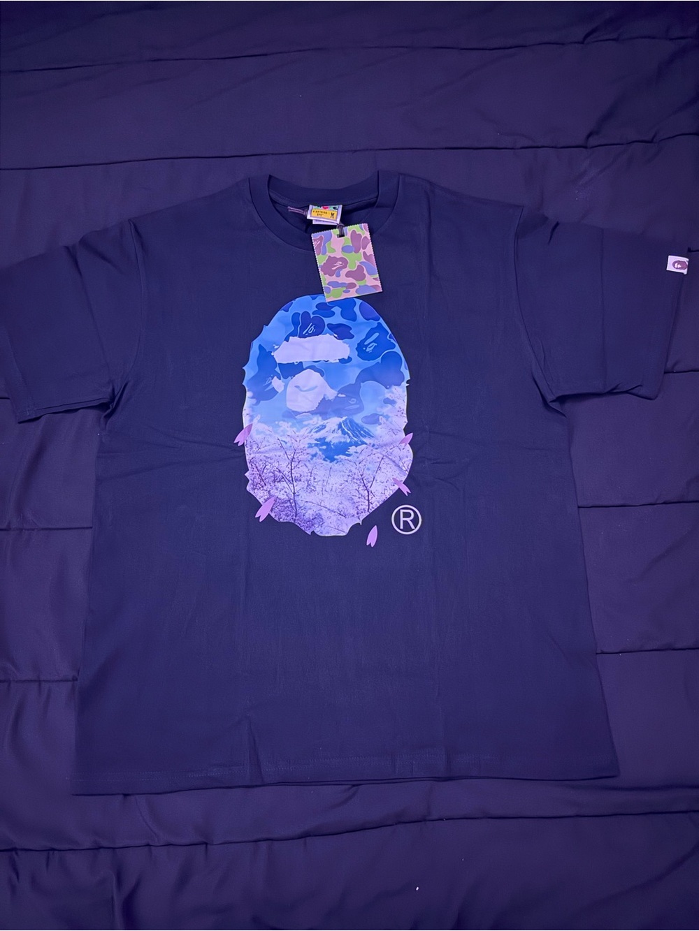 Bape Navy Tee with Blue and Purple Ape Head Graphic